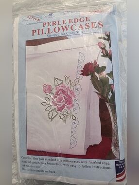 Rose Floral Perle Edge Pillowcases Stamped for Cross Stitch With Floss